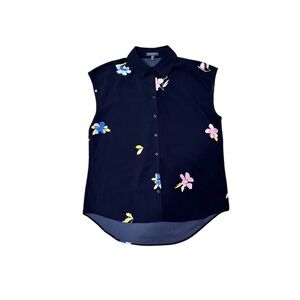 Madison Sleeveless Button-Up Blouse with collar - Navy Floral - Size Medium